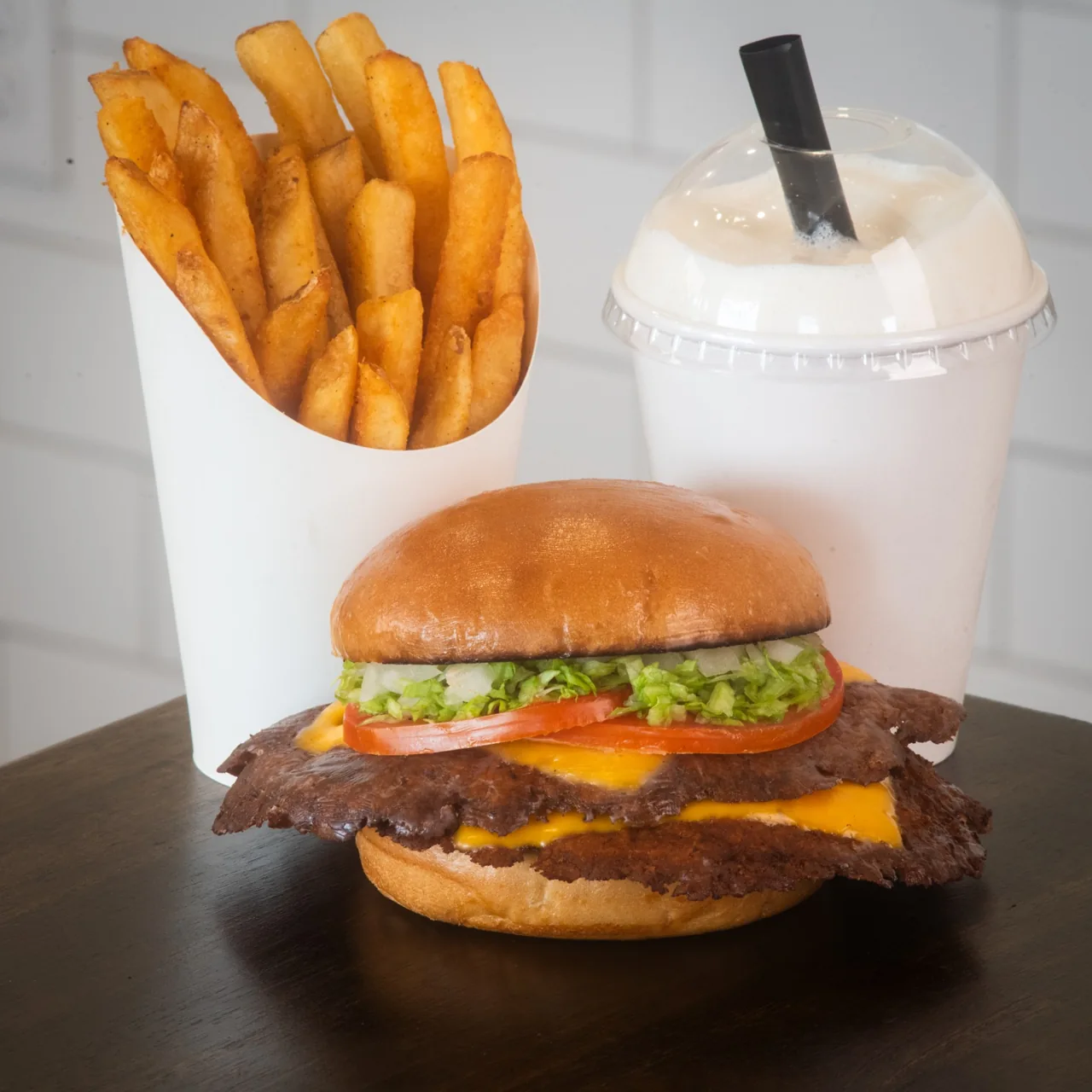 Old Time Burger combo photographed by Joe Stem: burger, fries, and milkshake
