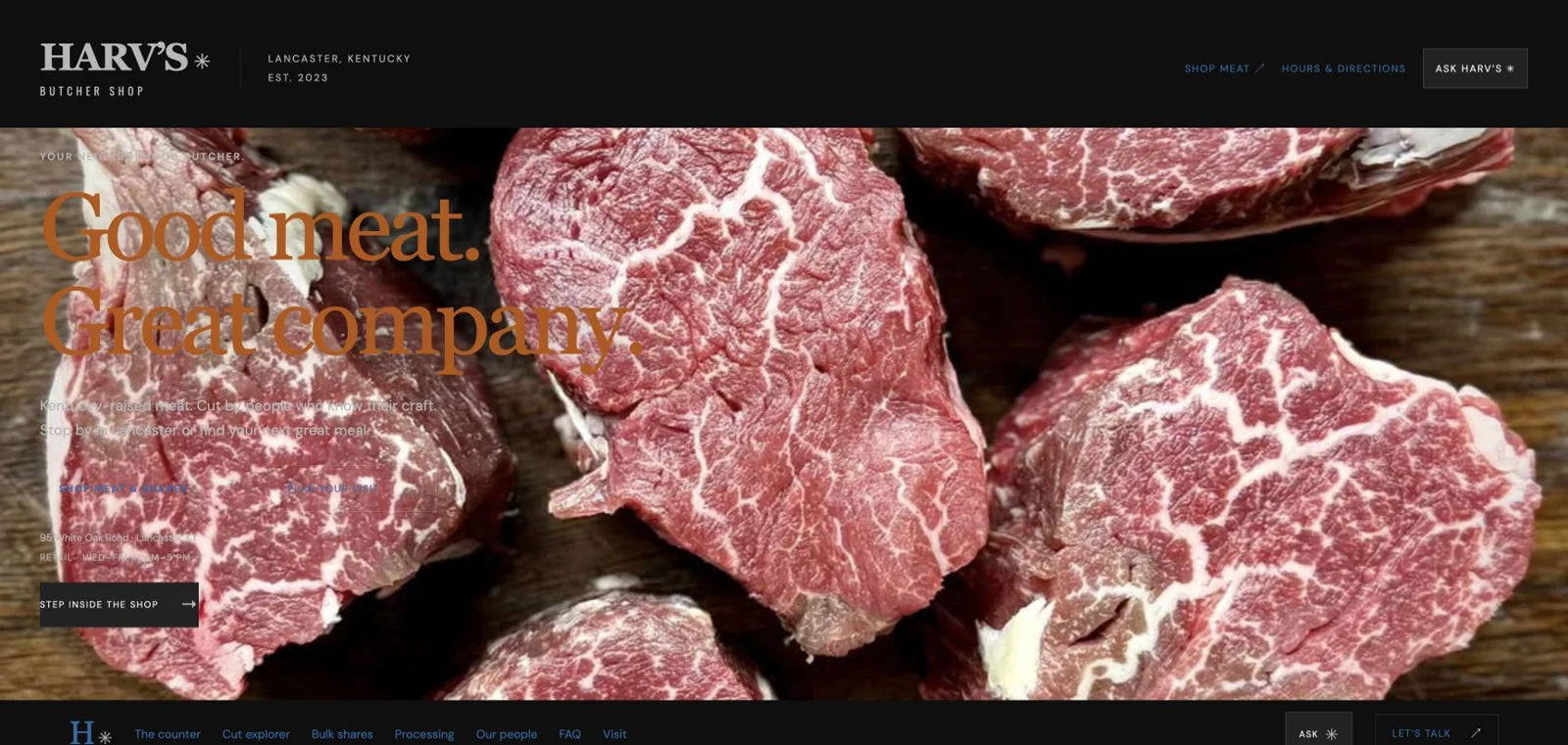 Joe Stem’s Harv’s Butcher Shop website demo with a steak photograph and the headline Good meat. Great company.