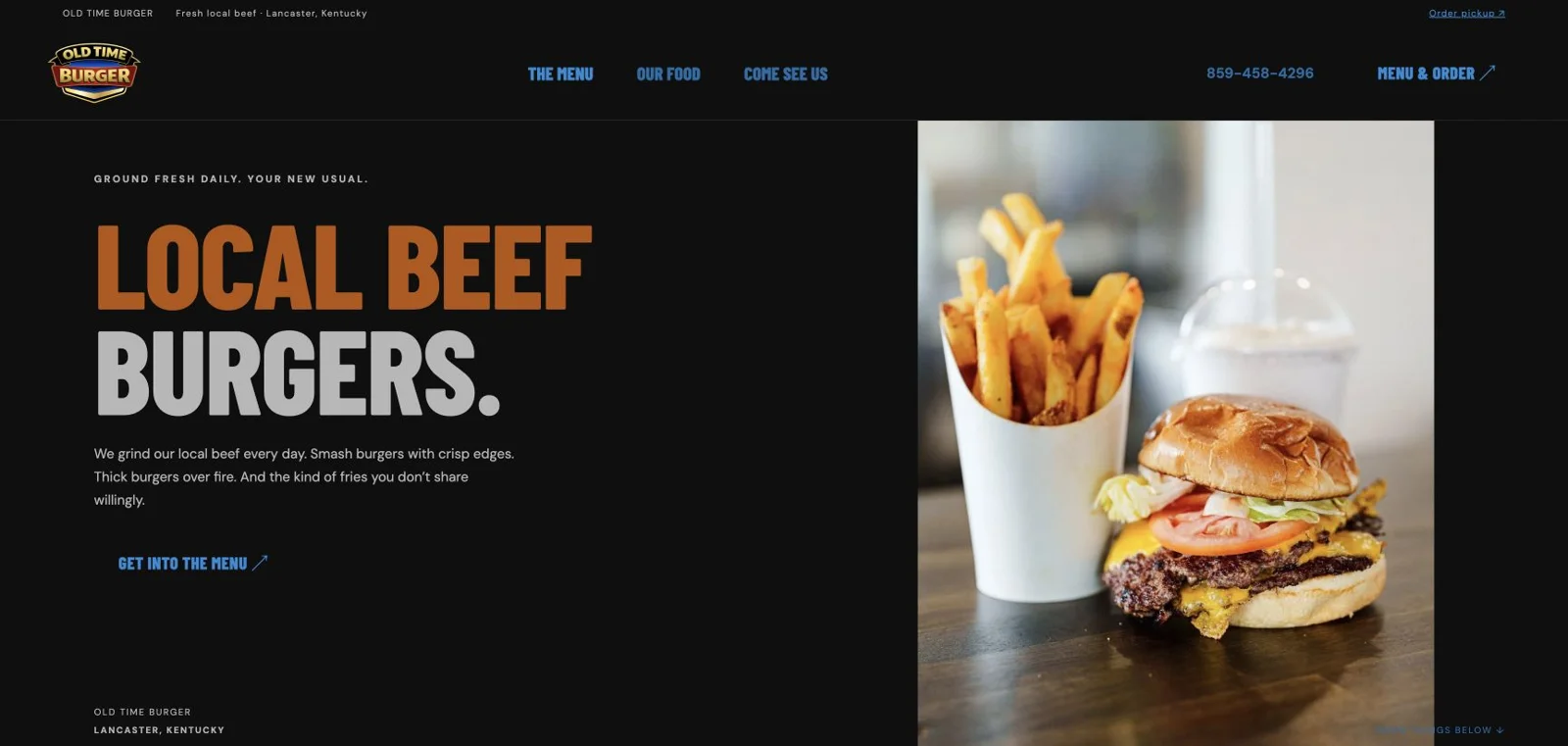 Old Time Burger website built by Joe Stem with his burger, fries, and milkshake photograph